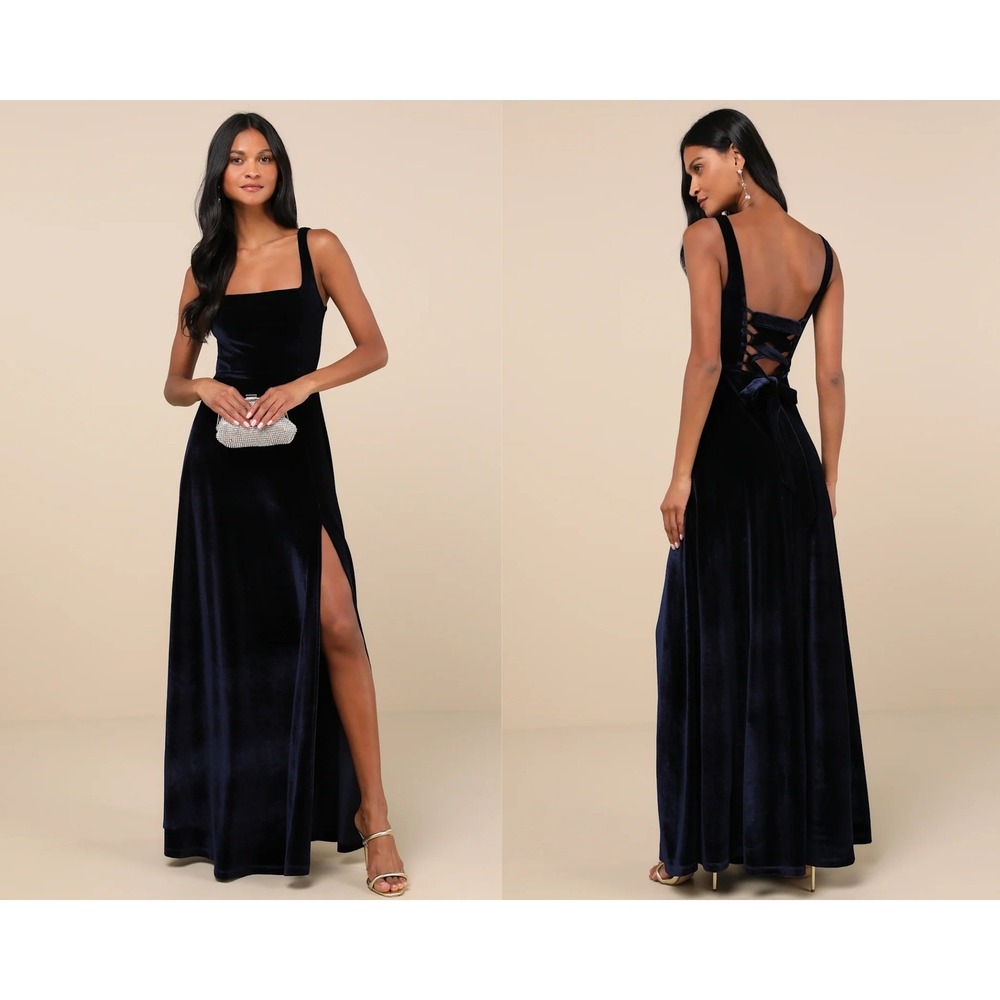 Lulus Graceful Invite Navy Blue Velvet Square Neck Lace-Up Maxi Dress Medium